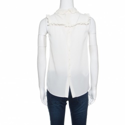 Miu Miu Cream Silk Crepe Pom Pom Ruffle Trim Sleeveless Top S