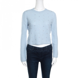 Miu Miu Powder Blue Crystal Embellished Cropped Cashmere Sweater M