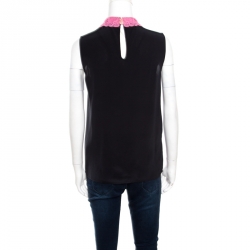 مملوكة مسبقًا Miu Miu Black Silk Contrast Lace Collar Sleeveless Boxy Blouse S