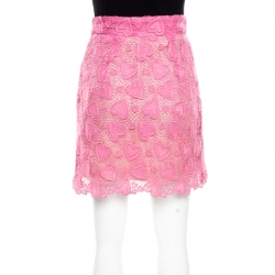 Pre Owned تنورة ميني ميو ميو وردي فاتح قلوب مزينة دانتيل قطني حواف مموجة S