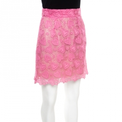 Pre Owned تنورة ميني ميو ميو وردي فاتح قلوب مزينة دانتيل قطني حواف مموجة S