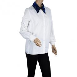 Miu Miu Blue Sequined Collar White Poplin Shirt L