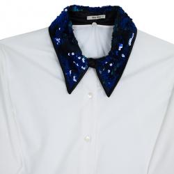 Miu Miu Blue Sequined Collar White Poplin Shirt L