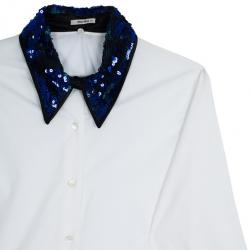 Miu Miu Blue Sequined Collar White Poplin Shirt L