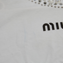 Pre Owned Miu Miu White Jersey Embellished Collar Logo Print Long-Sleeve T-Shirt M