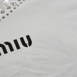Pre Owned Miu Miu White Jersey Embellished Collar Logo Print Long-Sleeve T-Shirt M