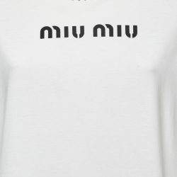 Pre Owned Miu Miu White Jersey Embellished Collar Logo Print Long-Sleeve T-Shirt M