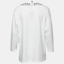 Pre Owned Miu Miu White Jersey Embellished Collar Logo Print Long-Sleeve T-Shirt M