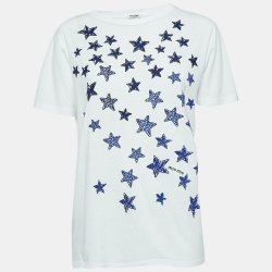 Pre Owned Miu Miu White Stars Print Cotton Blend Crew Neck T-Shirt L