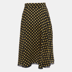 Miu Miu Black Dotted Silk Lace Trimmed Midi Skirt M