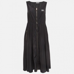 Miu Miu Black Logo Print Synthetic Zip-Up Midi Dress M