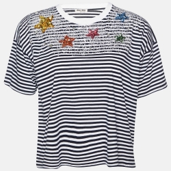 Miu Miu Monochrome Striped Cotton Embellished T-Shirt M