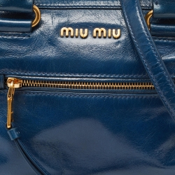 Miu Miu Blue Vitello Shine Leather Front Zip Satchel
