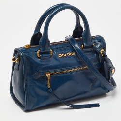 Miu Miu Blue Vitello Shine Leather Front Zip Satchel
