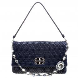 Pre Owned Miu Miu Navy Blue Matelassé Leather Crystal Flap Shoulder Bag