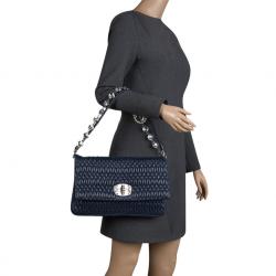 Pre Owned Miu Miu Navy Blue Matelassé Leather Crystal Flap Shoulder Bag