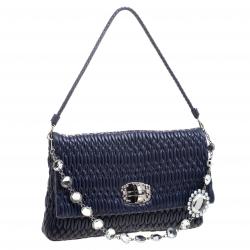 Pre Owned Miu Miu Navy Blue Matelassé Leather Crystal Flap Shoulder Bag