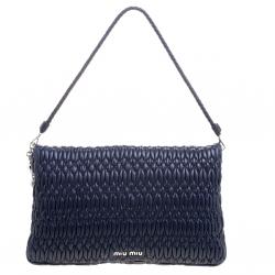 Pre Owned Miu Miu Navy Blue Matelassé Leather Crystal Flap Shoulder Bag