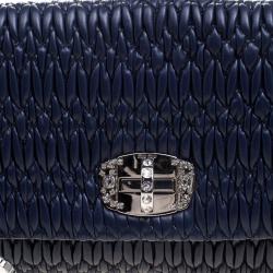 Pre Owned Miu Miu Navy Blue Matelassé Leather Crystal Flap Shoulder Bag