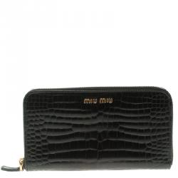 Pre Owned Miu Miu Black Croc Embossed Leather Zip Around Wallet