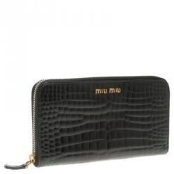 Pre Owned Miu Miu Black Croc Embossed Leather Zip Around Wallet