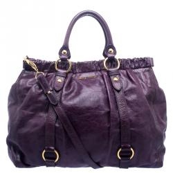 Pre Owned Miu Miu Purple Vitello Lux Leather Gathered Tote