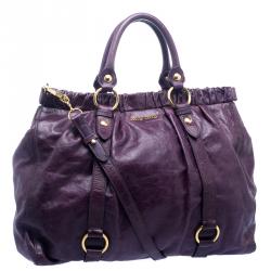 Pre Owned Miu Miu Purple Vitello Lux Leather Gathered Tote