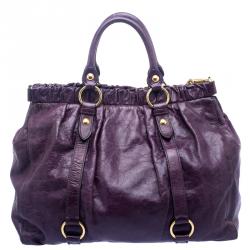Pre Owned Miu Miu Purple Vitello Lux Leather Gathered Tote