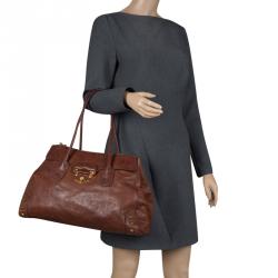 Pre Owned Miu Miu Brown Embossed Leather Double Zip Tote