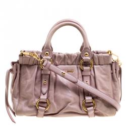 Miu Miu Beige Glazed Leather Small Luxe Ruched Top Handle Bag
