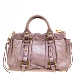 Miu Miu Beige Glazed Leather Small Luxe Ruched Top Handle Bag