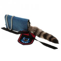 Pre Owned Miu Miu Blue Denim with Northern Raccoon Fur Charm Crossbody Bag