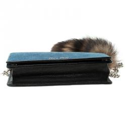 Pre Owned Miu Miu Blue Denim with Northern Raccoon Fur Charm Crossbody Bag