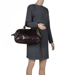 مملوكة مسبقًا Miu Miu Dark Brown Glazed Croc Embossed Leather St. Cocco Satchel