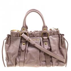 Miu Miu Beige Glazed Leather Medium Luxe Ruched Top Handle Bag