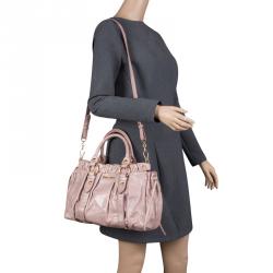 Miu Miu Beige Glazed Leather Medium Luxe Ruched Top Handle Bag