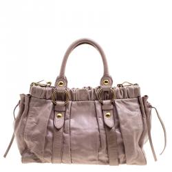 Miu Miu Beige Glazed Leather Medium Luxe Ruched Top Handle Bag