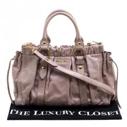 Miu Miu Beige Glazed Leather Medium Luxe Ruched Top Handle Bag