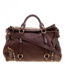 Miu Miu BrownLeather Bow Studded Tote