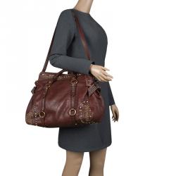 Miu Miu BrownLeather Bow Studded Tote
