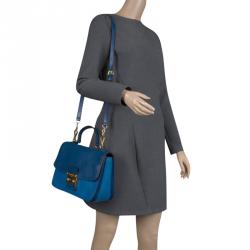 Pre Owned Miu Miu Blue Leather Madras Top Handle Crossbody Bag