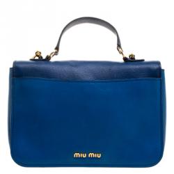 Pre Owned Miu Miu Blue Leather Madras Top Handle Crossbody Bag