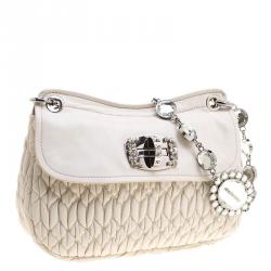 Miu Miu White Matelassé Leather Crystal Flap Shoulder Bag