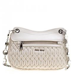 Miu Miu White Matelassé Leather Crystal Flap Shoulder Bag
