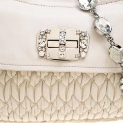 Miu Miu White Matelassé Leather Crystal Flap Shoulder Bag