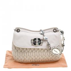 Miu Miu White Matelassé Leather Crystal Flap Shoulder Bag