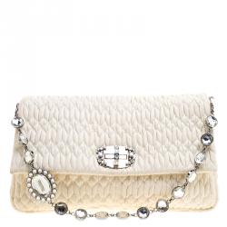 Miu Miu Cream Matelassé Leather Crystal Flap Shoulder Bag