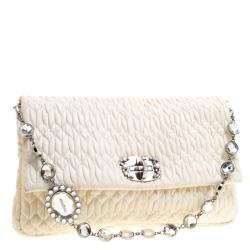 Miu Miu Cream Matelassé Leather Crystal Flap Shoulder Bag