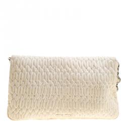 Miu Miu Cream Matelassé Leather Crystal Flap Shoulder Bag