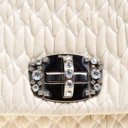 Miu Miu Cream Matelassé Leather Crystal Flap Shoulder Bag